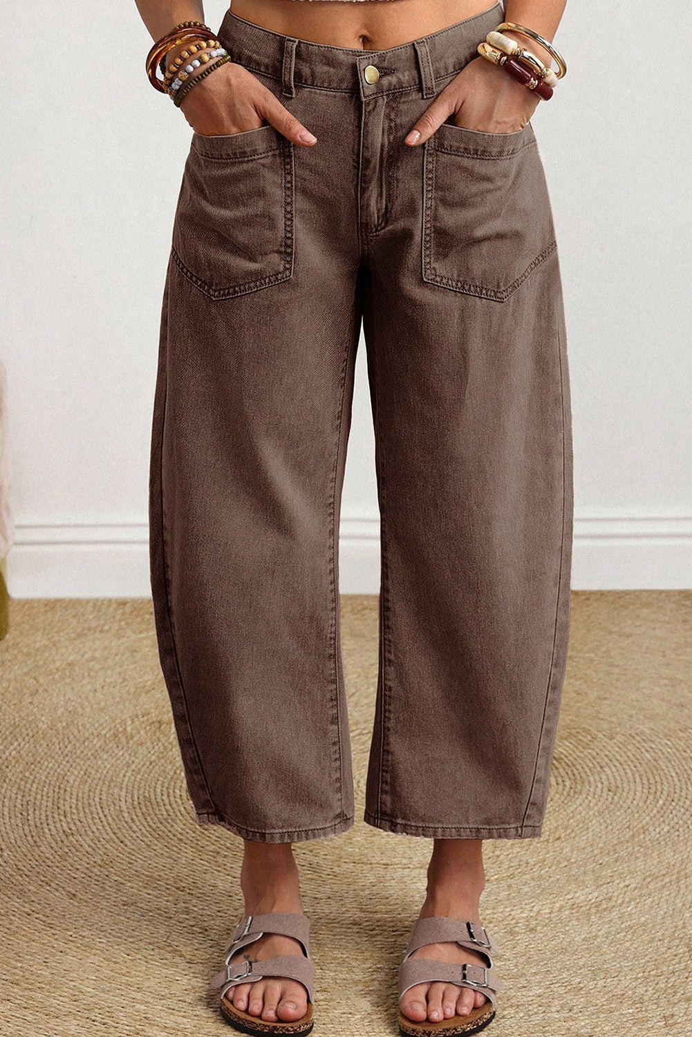 Barrel Patch Pocket Solid Square Ankle-length Jeans