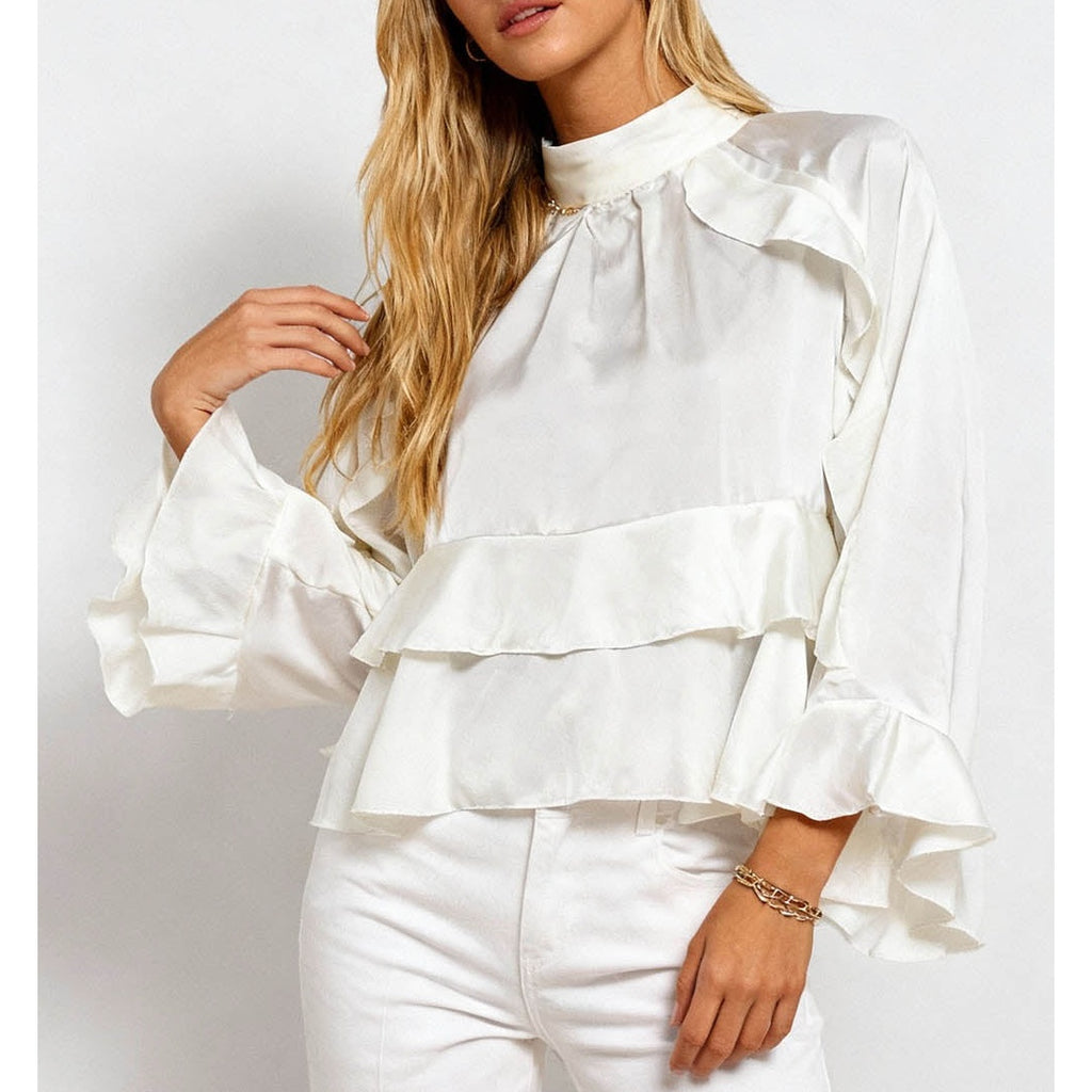Chic Ruffle Stand Neck Long Sleeves Blouse