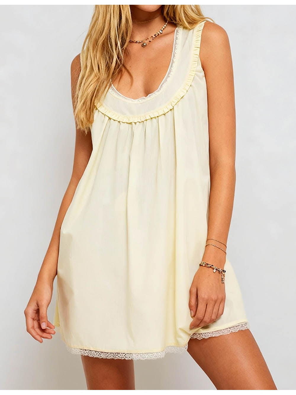 Lace Trim Bow Sleeveless Babydoll Mini Dress