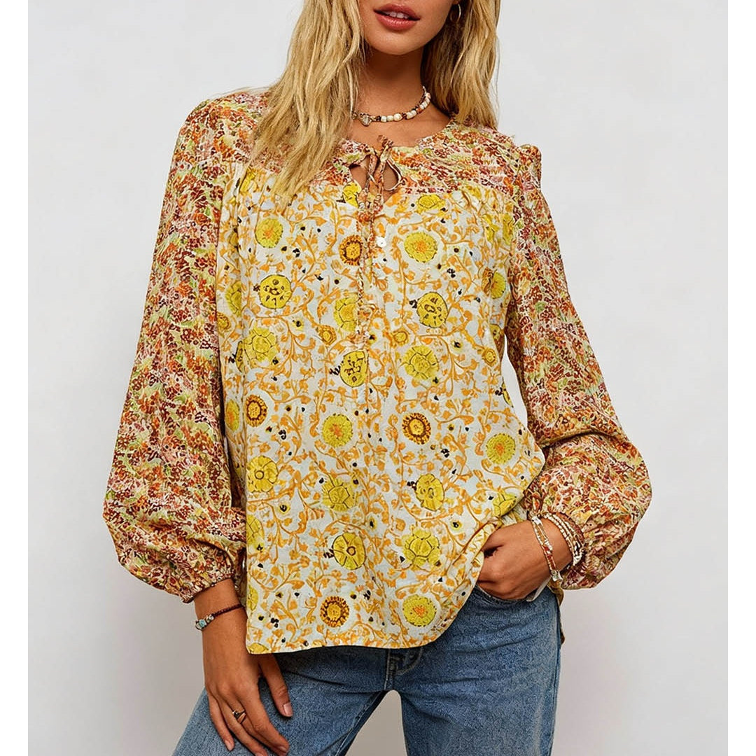 Boho Front Round Neck Long Sleeves Blouse