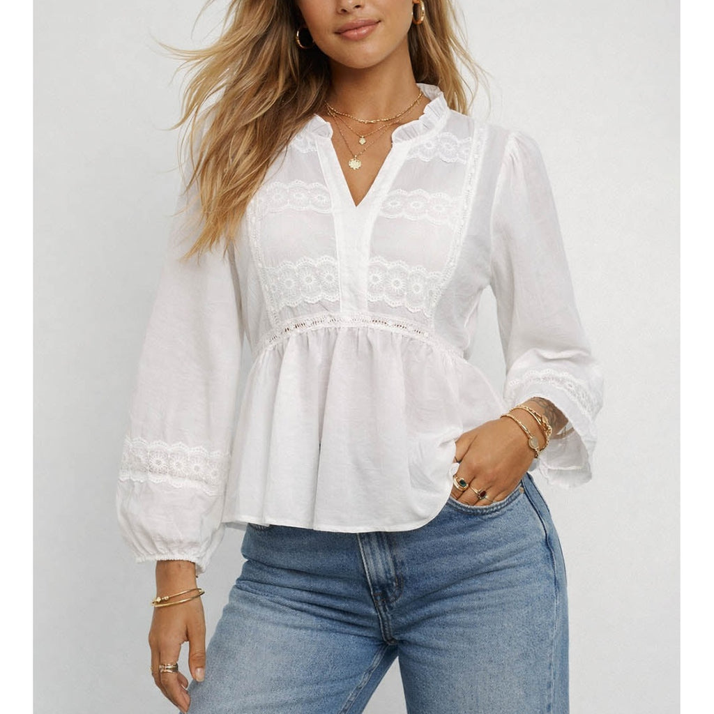Lace Embroidery Panel Ruffle V Neck Long Sleeve Blouse