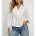 Lace Embroidery Panel Ruffle V Neck Long Sleeve Blouse