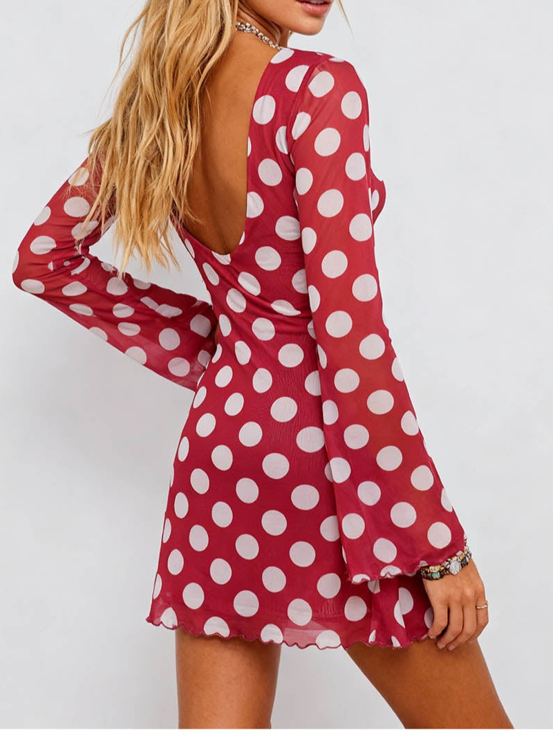 Polka Dot Open Back Flared Sleeves Mesh Mini Dress