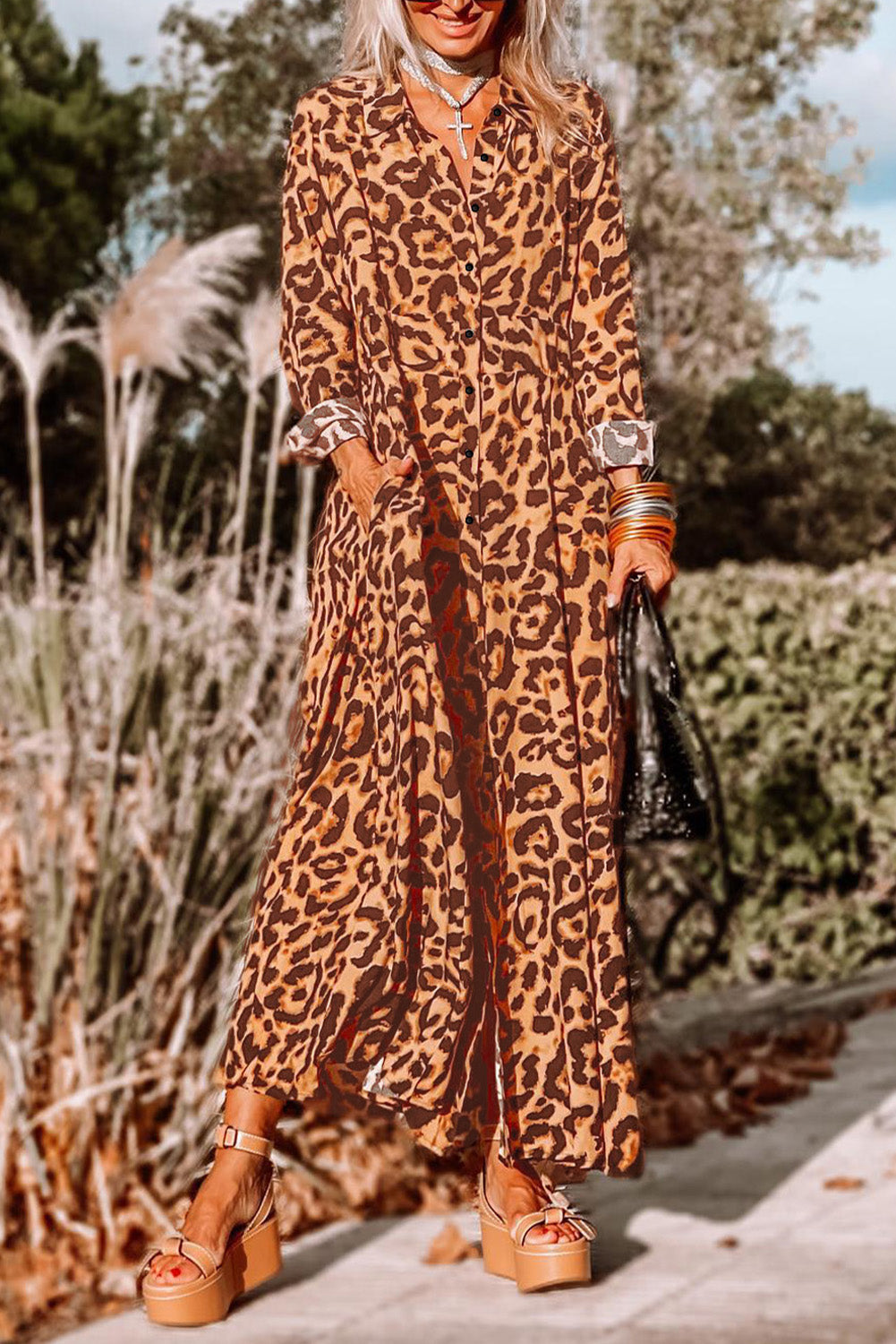 Leopard Button-up Long Sleeve Maxi Dress