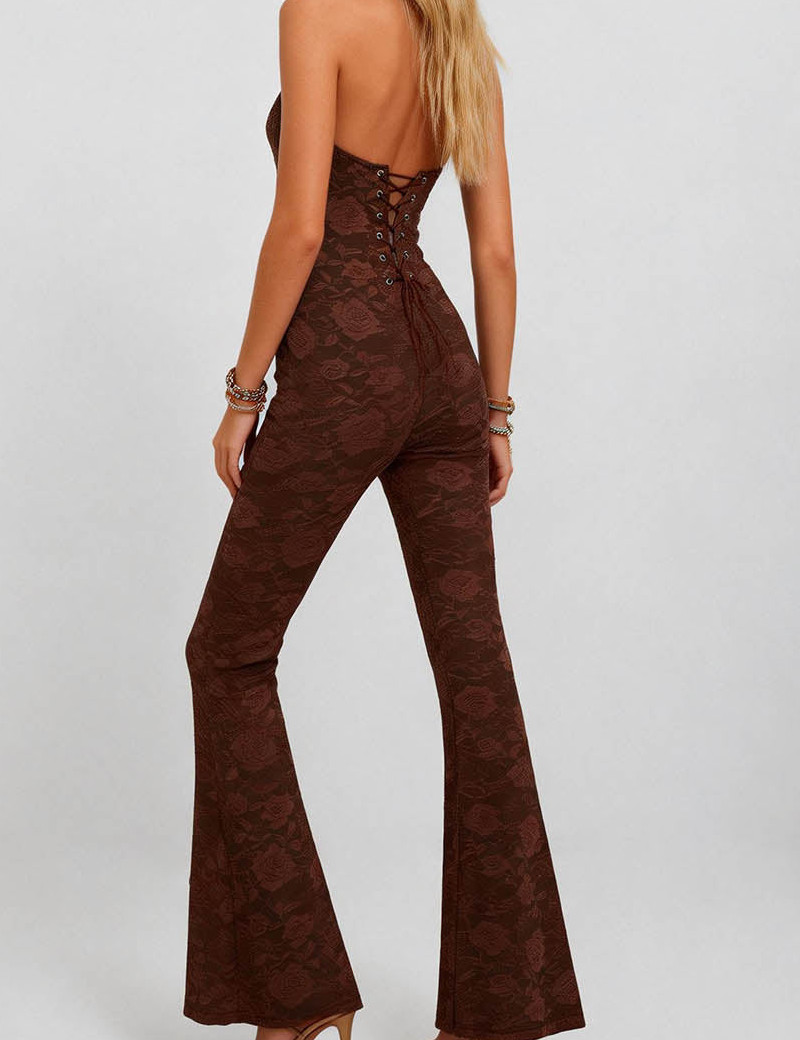 Lace Deep V Halter Neck Cross Back Lace Up Jumpsuit
