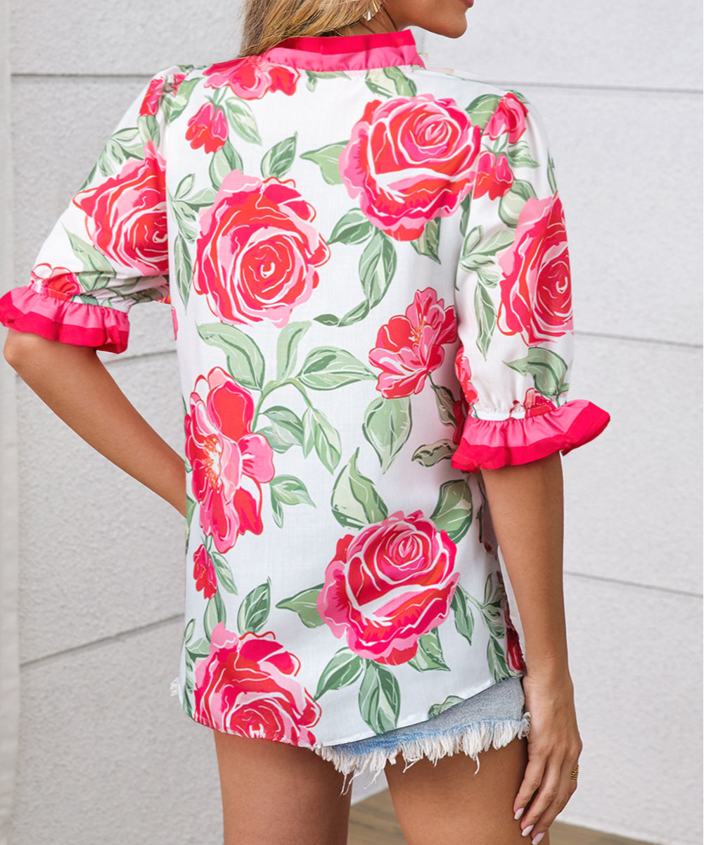 Rose Floral Frilled V Neck Short Sleeve Blouse Top