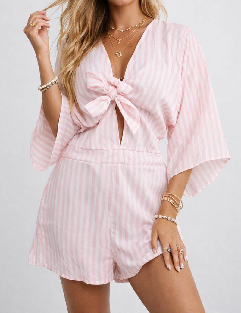 Chic V Neck Knot Kimono Sleeves Romper