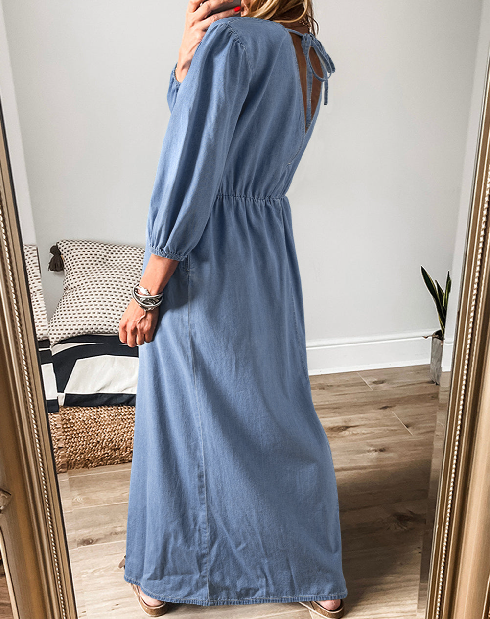 Myosotis Chambray Deep V Neck Bracelet Sleeve Maxi Dress
