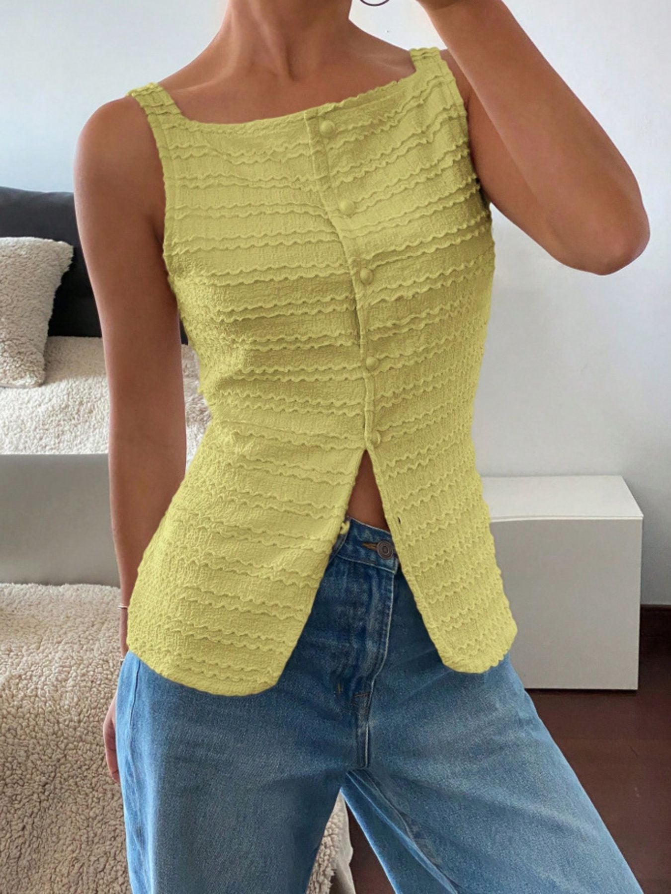 Textured Button Front Tank
