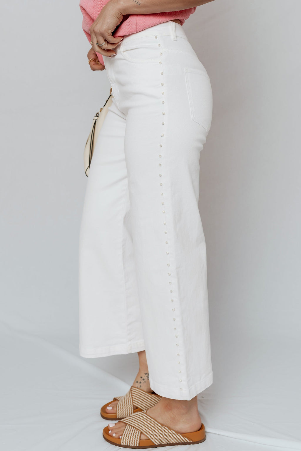 Pearl Embellished Side Seam Ankle-length Shift Jeans