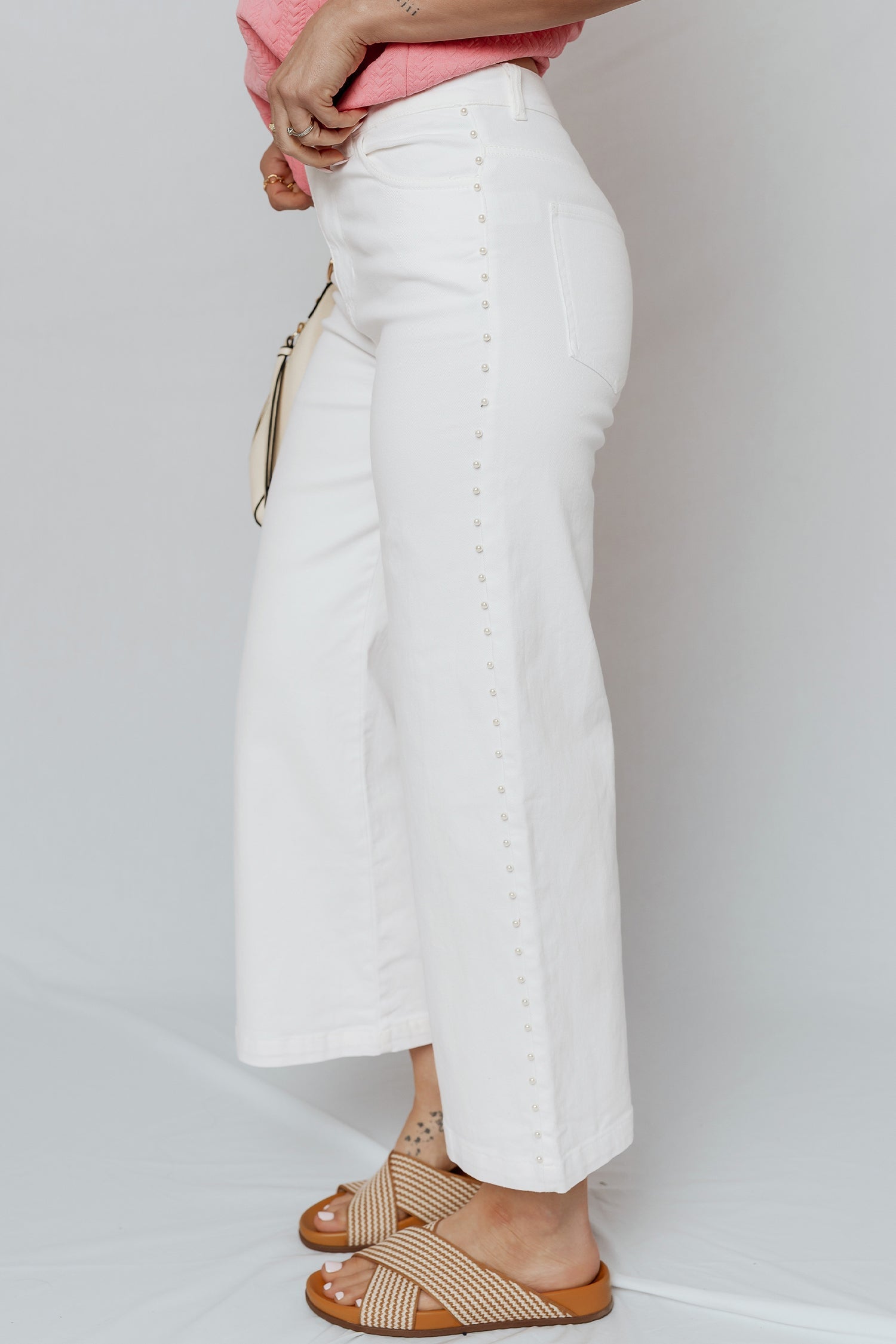 Pearl Embellished Side Seam Ankle-length Shift Jeans