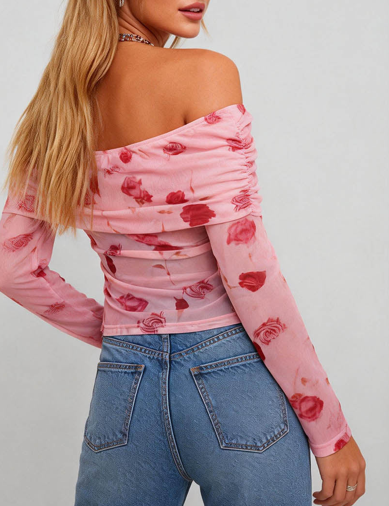 Off Shoulder Ruched Sheer Mesh Top