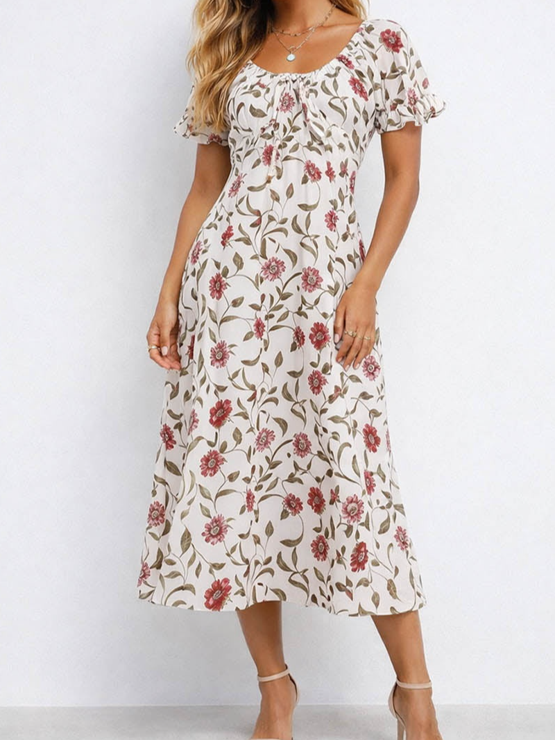 Puff Sleeves V Neck Lave Up Midi Dress