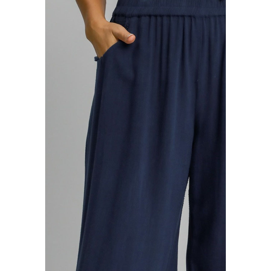 Casual Full Size Linen Blend Elastic Waistband Wide Leg Pants Plus Size