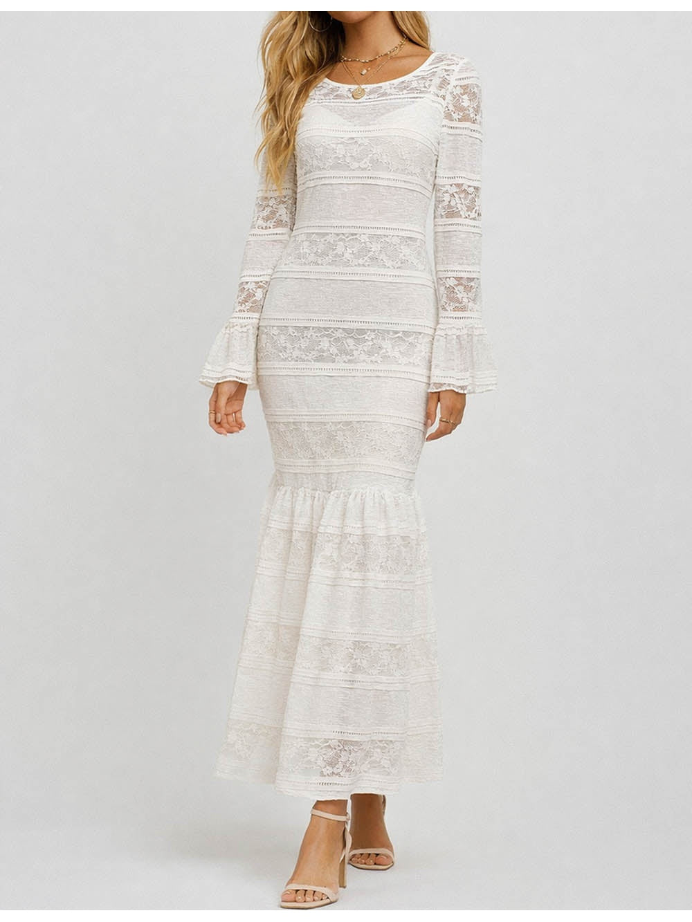 Lace Round Neck Flared Sleeves Bodycon Maxi Dress