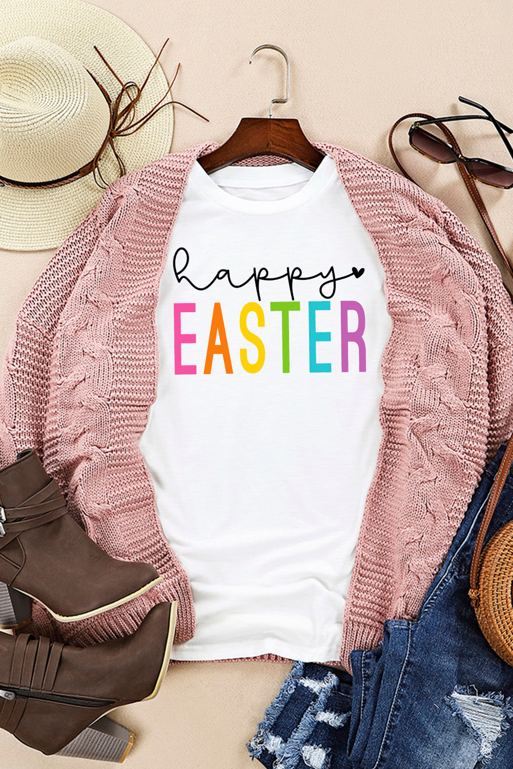 White Happy Easter Round Neck
