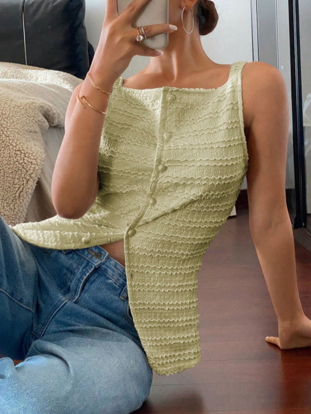Textured Button Front Tank