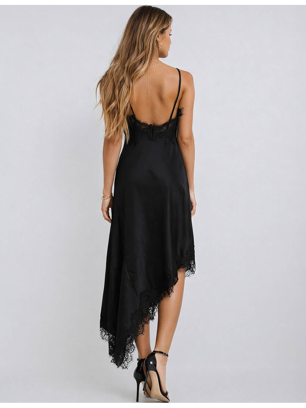 Satin Lace Trim Halter Neck Irregular Hem Maxi Dress