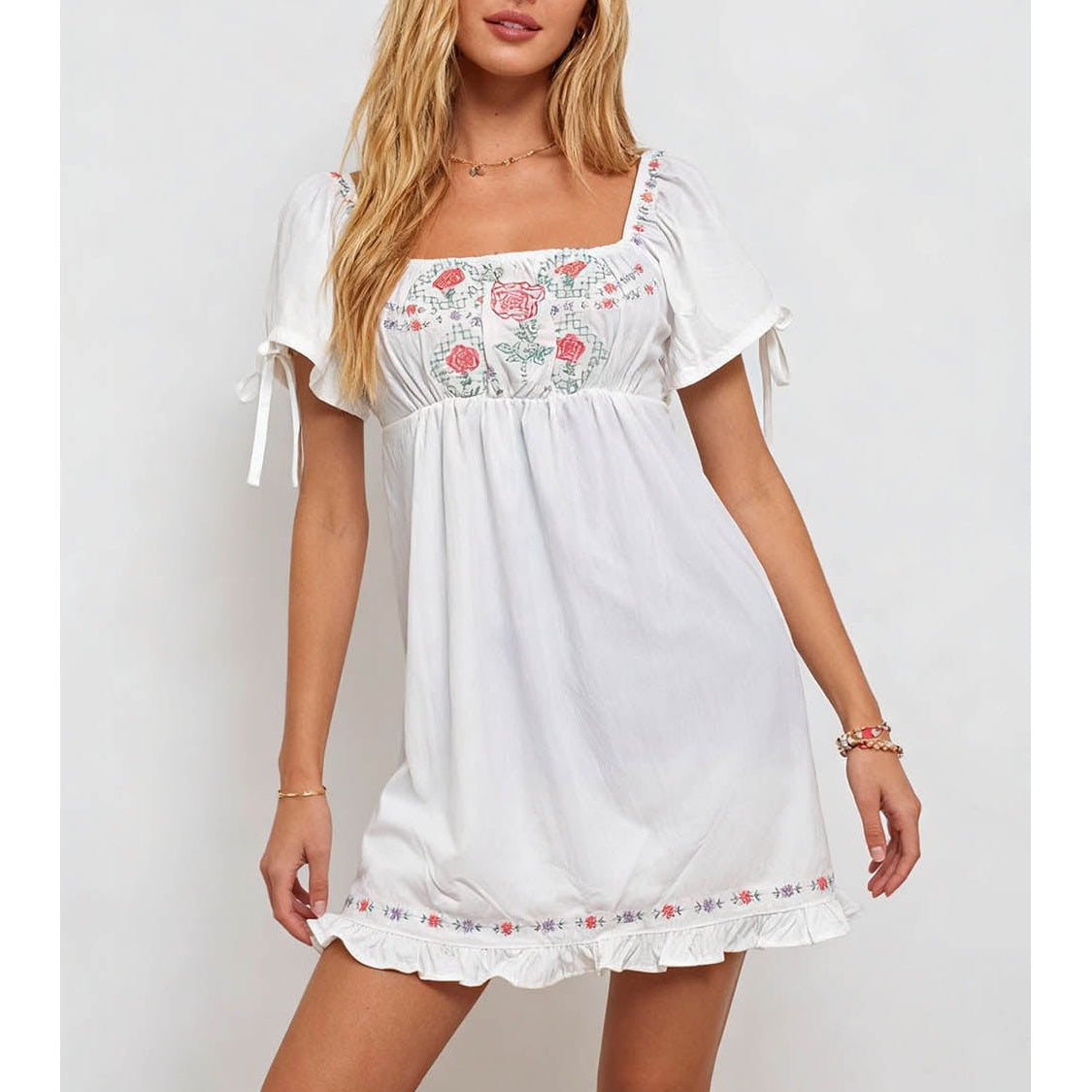 Embroidery Square Neck Bow Mini Dress