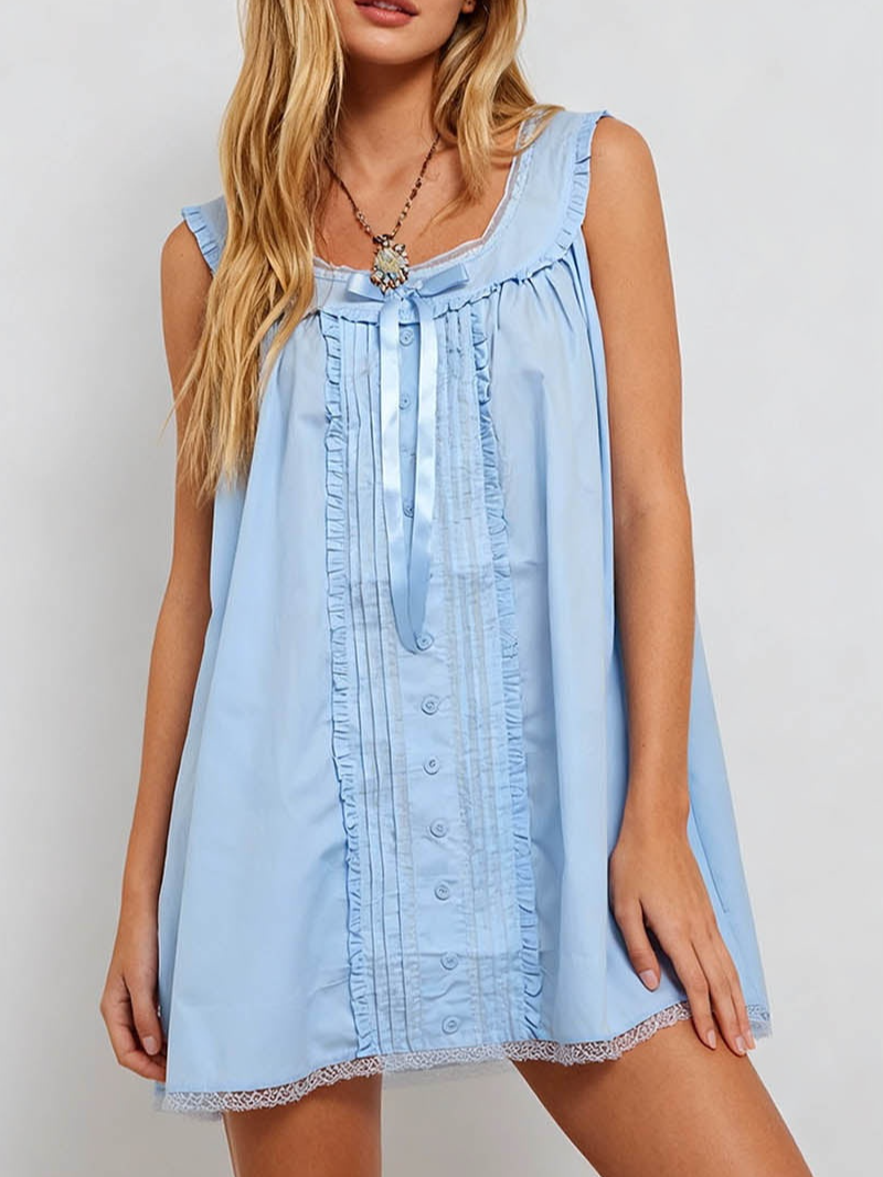 Lace Trim Bow Sleeveless Babydoll Mini Dress
