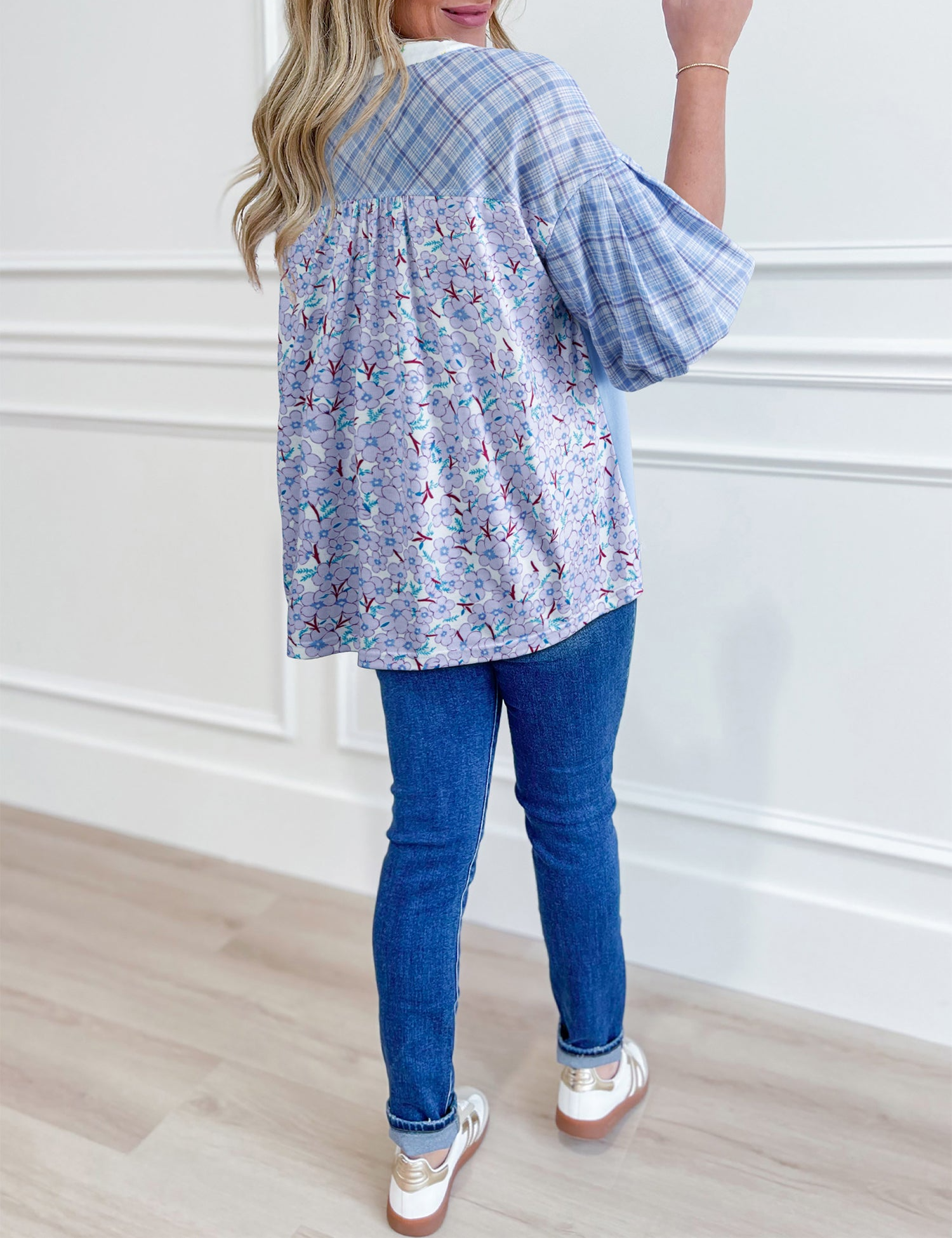 Beau Blue Color Block Plaid Bubble Sleeve Patchwork Blouse