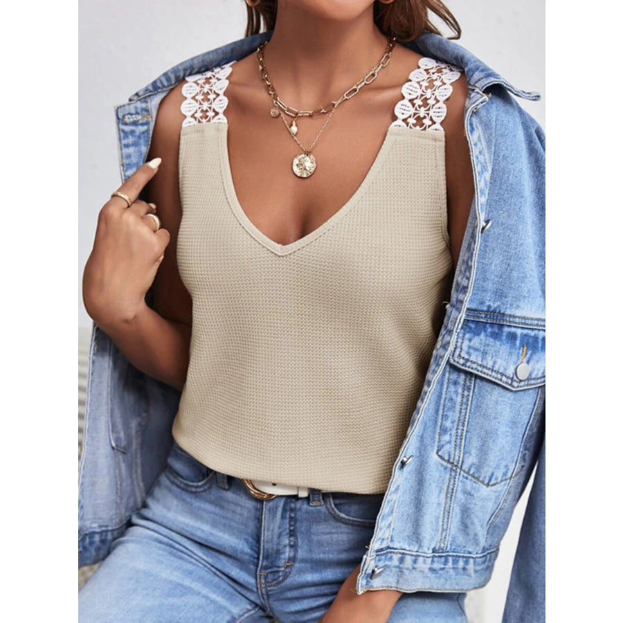 Lace Detail Waffle Knit V Neck Tank