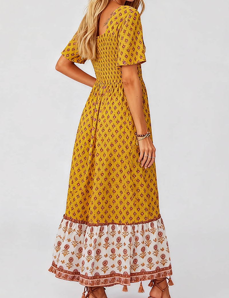 Boho Square Neck Short Sleeves Maxi Dress