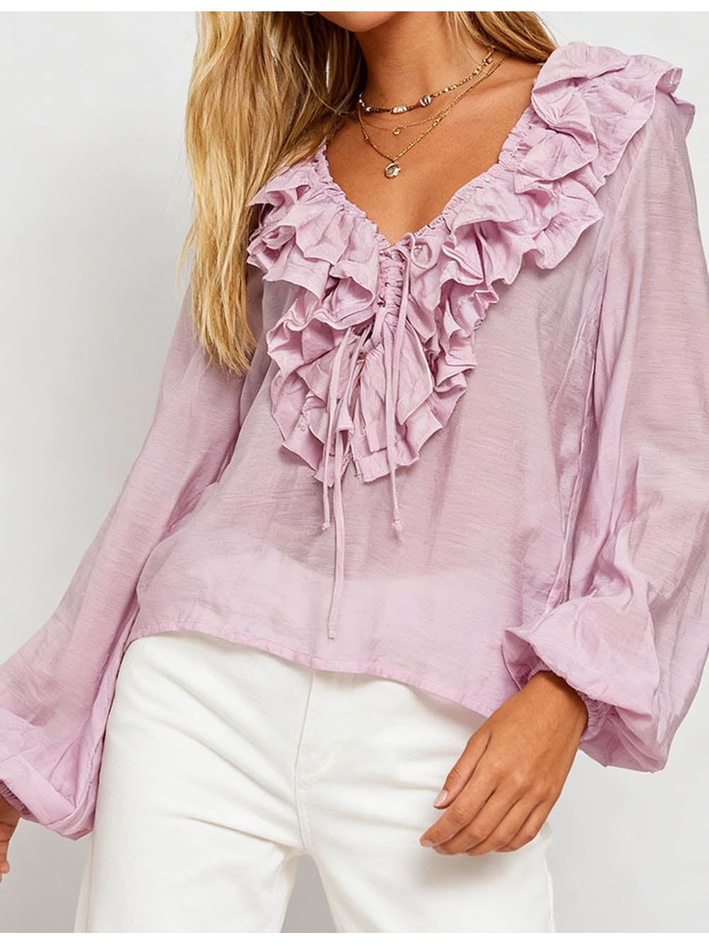 Boho Tiered Ruffle V Neck Front Blouse