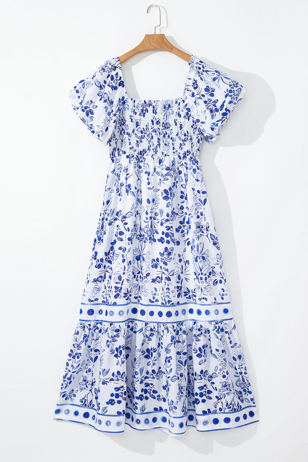 Sky Floral Print Square Neck Bubble Sleeve High Waist