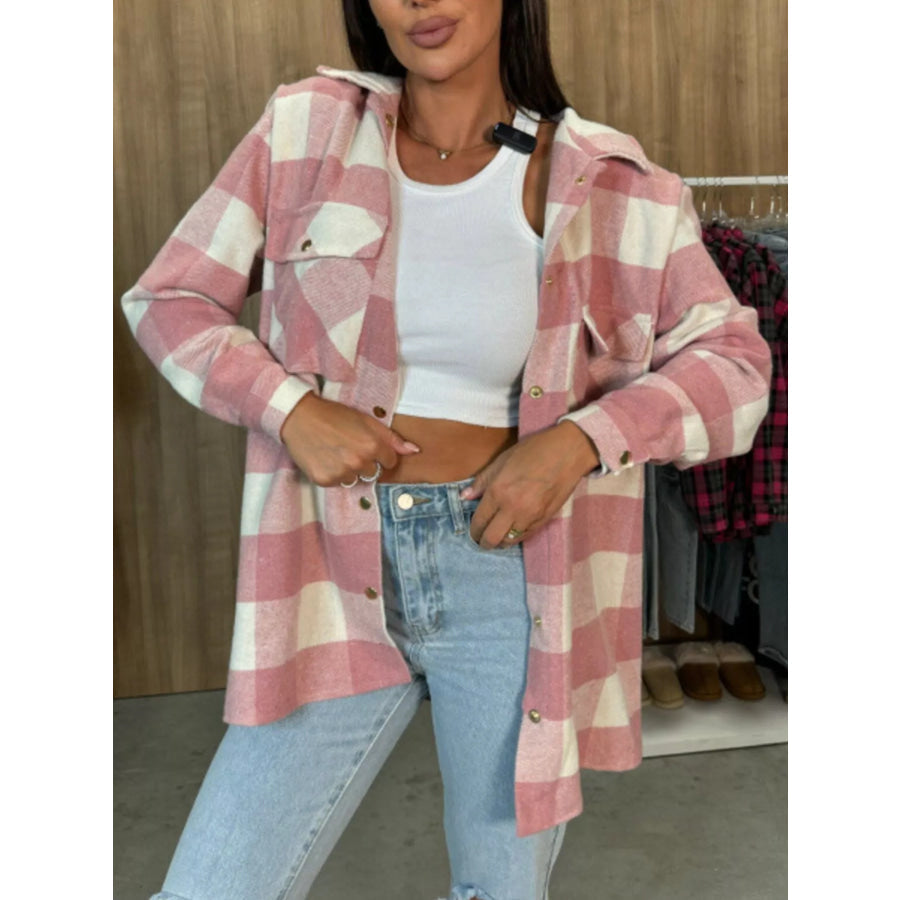Classic Plaid Button Down Long Sleeve Shacket Jacket
