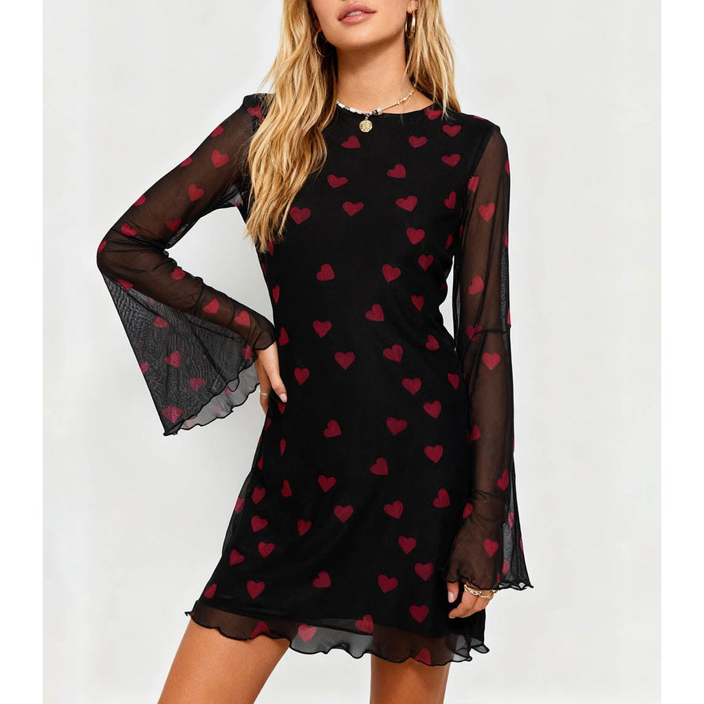 Open Back Valentine Heart Mesh Mini Dress