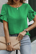 Sea Green Solid Color Ruffle Trim Short Sleeve Blouse