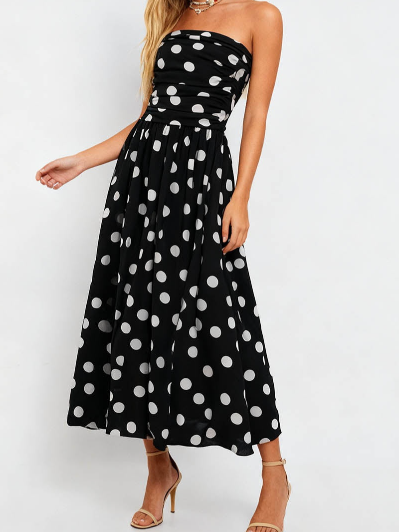 Strapless Polka Dot Smocked Sleeveless Maxi Dress
