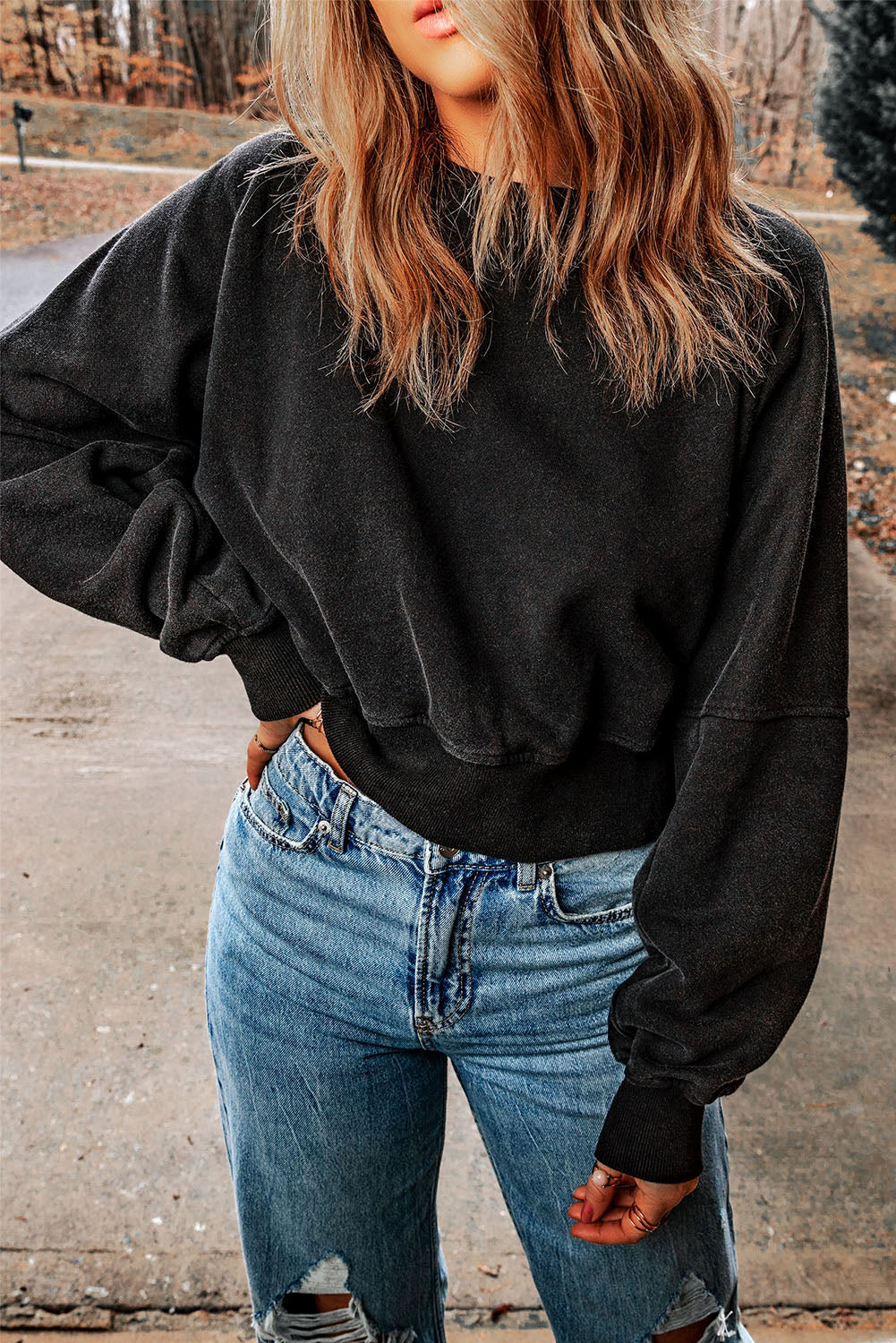 Acid Wash V Shape Open Back Sweatshirt