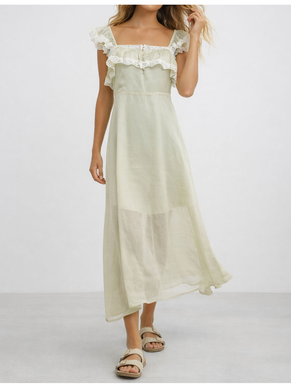 Ruffle Sleeves Lace Trim Square Neck Button Front Midi Dress