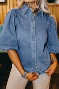 Blue Puff Half Sleeve Collared Denim Shirt