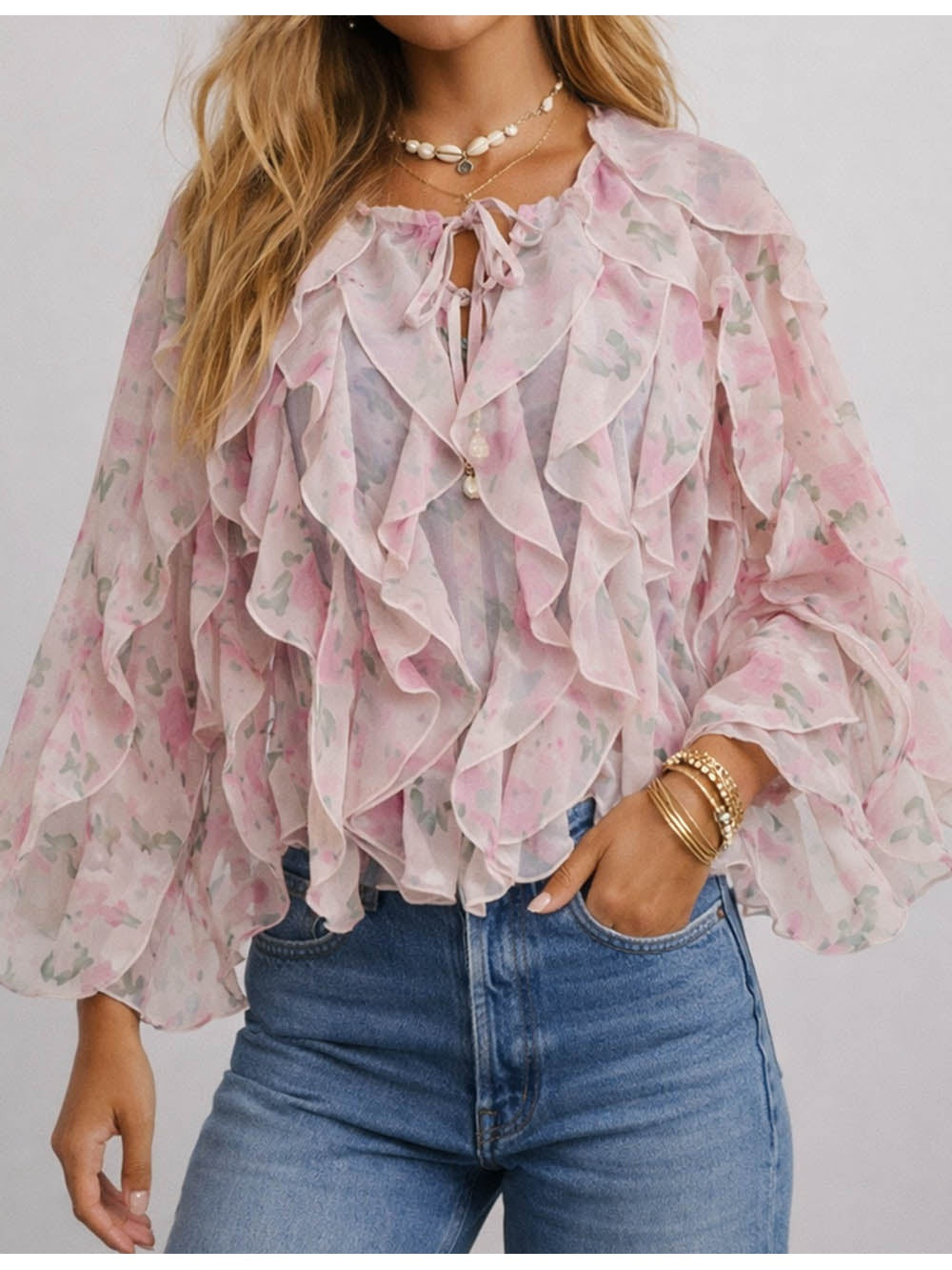 Boho Neck Tiered Ruffle Blouse