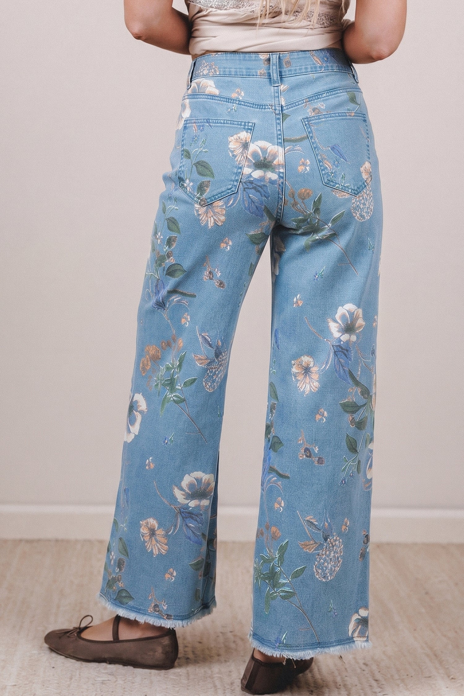 Frayed Floral Print Retro Hem Shift Jeans