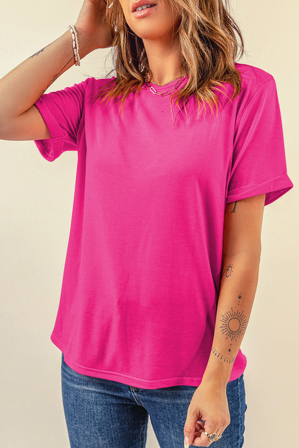 Rose Red Casual Plain Crew