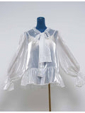 Chic Faux Pearl Bow Sheer Flared Sleeves Blouse