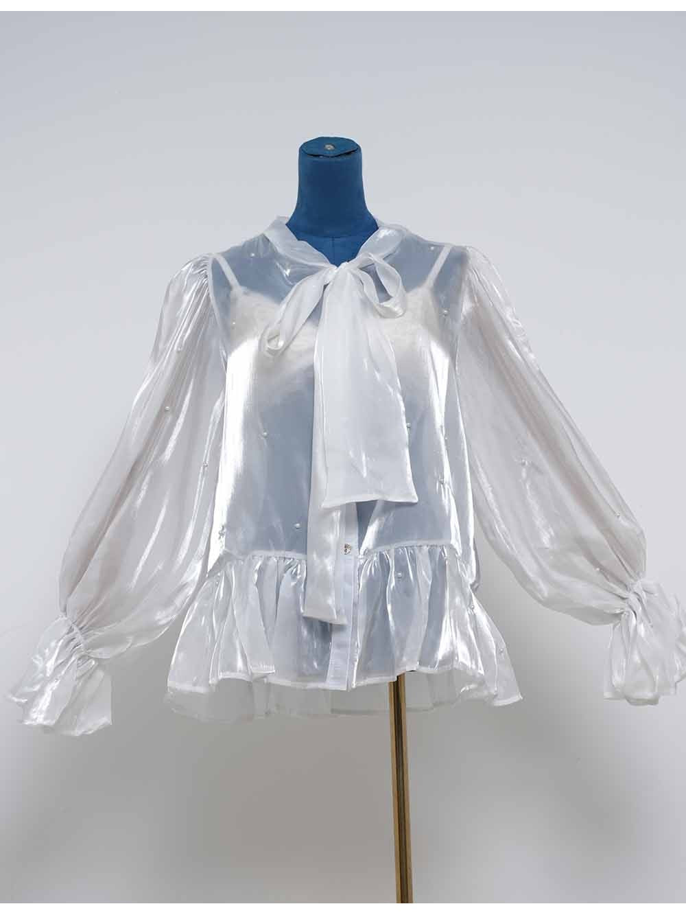 Chic Faux Pearl Bow Sheer Flared Sleeves Blouse