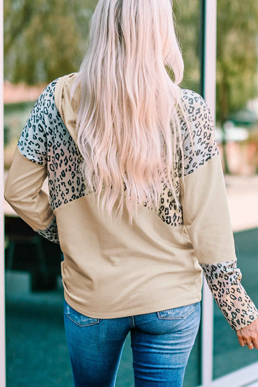 Leopard Patchwork Buttons Pocket Hooded Top