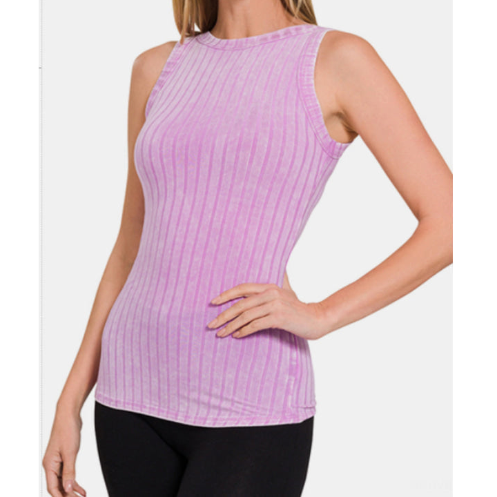 Ribbed Washed Round Neck Tank