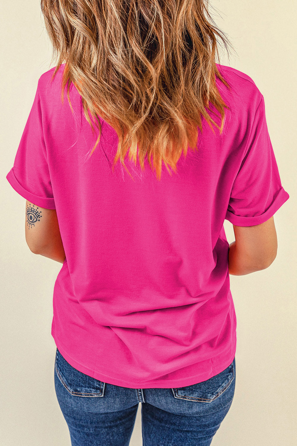 Rose Red Casual Plain Crew