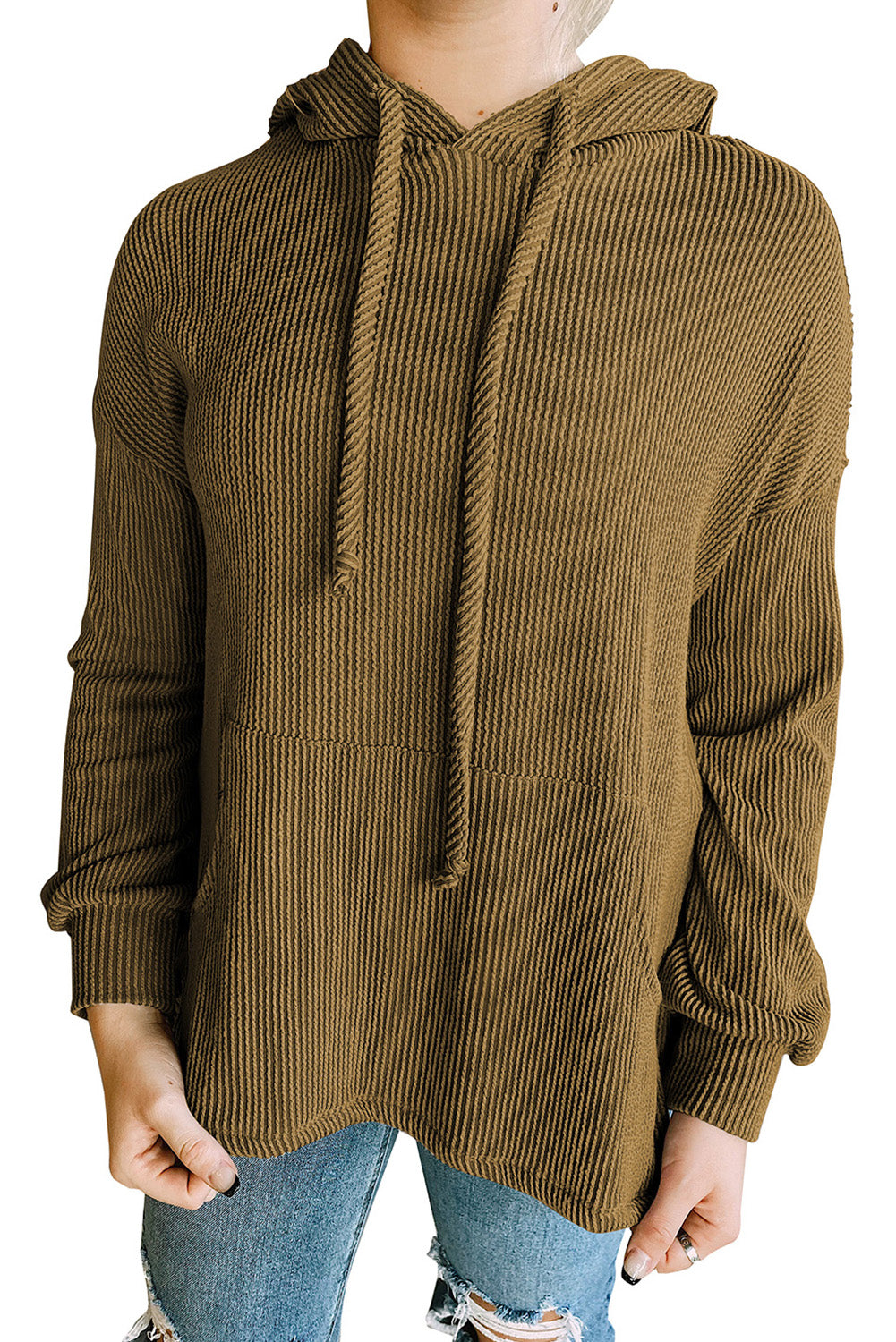 Ribbed Drawstring Kangaroo Pocket Hoodie