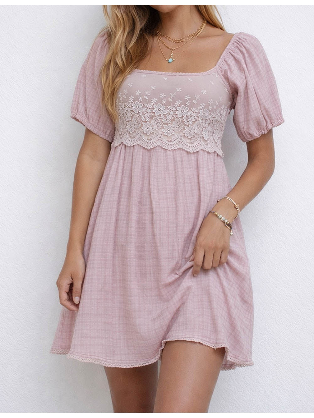 Boho Embroidery Square Neck Puff Sleeves Mini Dress