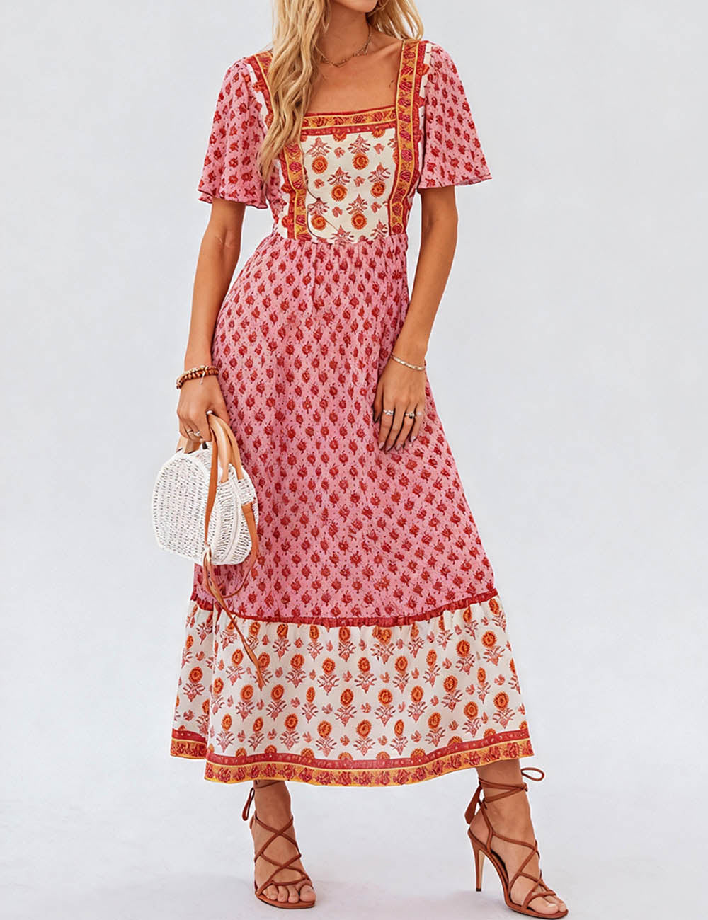 Boho Square Neck Short Sleeves Maxi Dress