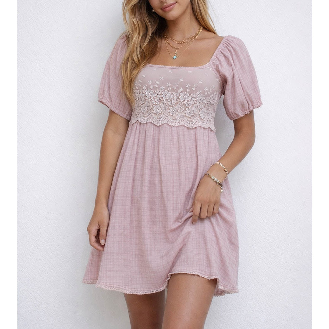 Boho Embroidery Square Neck Puff Sleeves Mini Dress