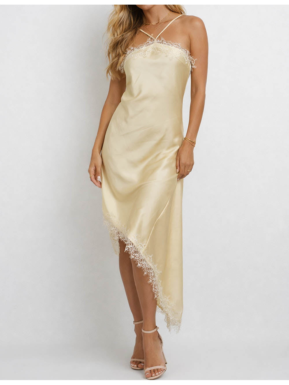 Satin Lace Trim Halter Neck Irregular Hem Maxi Dress