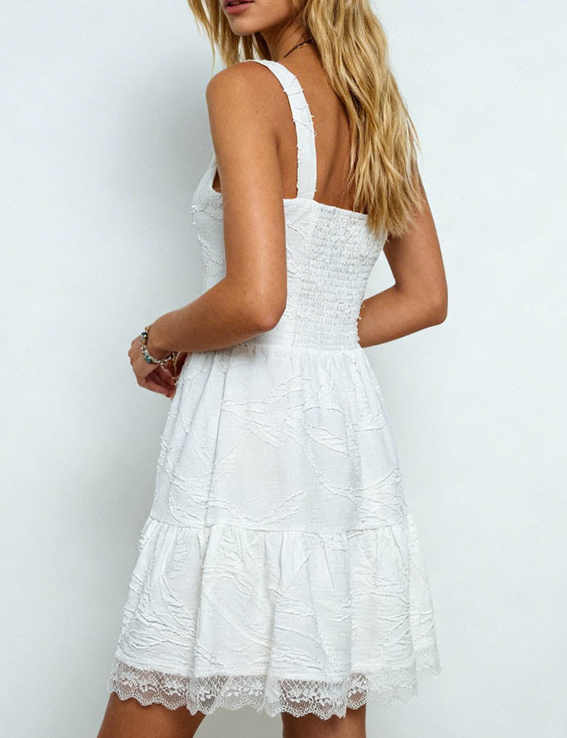 Romantic Lace Trim Square Neck Jacquard Mini Dress